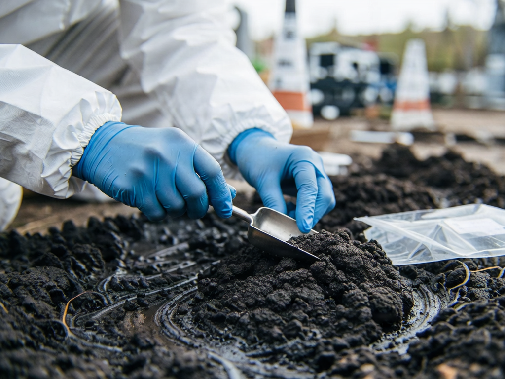 Soil sampling technician review contaminated material